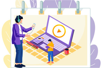 Fototapete - A man with tablet pc is standing near laptop with video player and working in social networks. Male character in headphones holding smartphone and typing on the screen, watching movie online