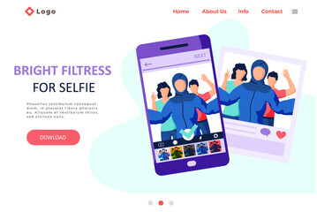 Bright filters for selfie screen interface photo frame in social media application with portrait of people. Selfie design app post template. Landing page with photo program on the smartphone screen