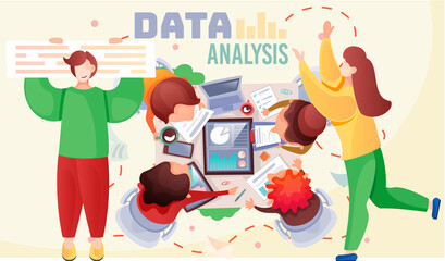 Fototapete - Financial team doing market data research and analysis. Diverse businessmen work, share ideas, represent, communicate, discuss, at the negotiating table with presentation of the marketing plan