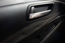 Car Door Handle Inside, Closeup View. Interior Of Modern Car With Door Handle.