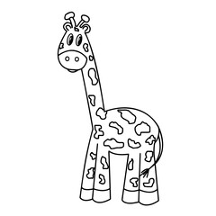 Drawing cute animals for kids. Giraffe. Black silhouette on a white background close-up. Vector illustration.