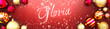 Gloria and Christmas card, red background with Christmas ornament balls, snow and a fancy and elegant word Gloria, 3d illustration