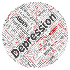 Vector conceptual depression or mental emotional disorder problem round circle red word cloud isolated background. Collage of anxiety sadness, negative sad, despair, unhappy, frustration symptom