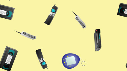 Poster - Seamless pattern of retro old hipster electronic devices technology computers cassettes tape recorders mobile phones from the 70s, 80s, 90s, 2000s on a yellow background