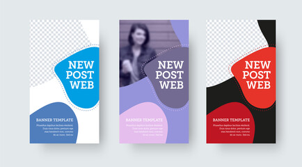 Poster - Set of vector web post with colorful abstract design, creative stories for social media on white, black, purple background.