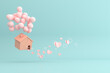 © nuchao - Illustration of balloons floating house with paper hearts,  Conceptual of love.