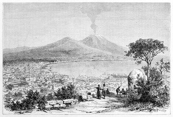 Wall Mural - Large overall view of Naples gulf with city, sea and Vesuvius in background from the hill top. Ancient grey tone etching style art by Girardet, Le Tour du Monde, 1861