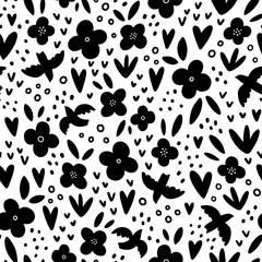 Wall Mural - Birds, flowers and hearts, black and white vector pattern