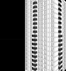 Poster - Abstract 3D illustration of a residence building facade. Close up view from the middle floors in black background.