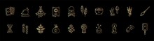 Witchcraft Gold Outline Icon Collection. Mystery And Magic Objects: Tarot, Magic Ball, Spell Book, Candle, Hourglass, Feathers, Herbs, Cauldron, Flasks, Mushrooms, Broom, Skull With Bones, Etc.
