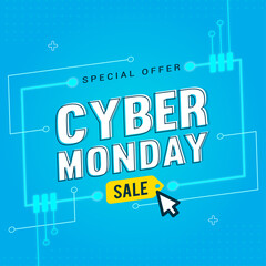 Cyber Monday Sale banner template design vector illustration. Special offer discount on blue digital background