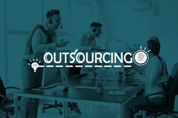 Sticker - Team of technical support agents working in office. Concept of outsourcing