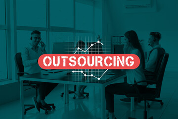 Sticker - Team of technical support agents working in office. Concept of outsourcing