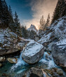 long exposure of a mountain creek with Bernese Alps in the background
