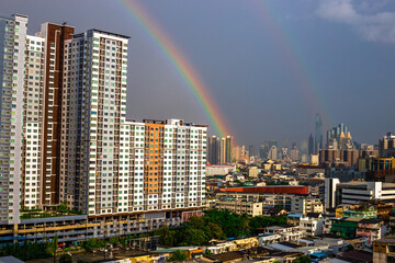 The high angle background of the city view with the secret light of the evening, blurring of night lights, showing the distribution of condominiums, dense homes in the capital community