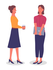 Young women, office workers communicate, coffee break. Girl with laptop, in trousers, girl in skirt with cup of coffee. Employees, colleagues or office staff. Communicate and work. Flat vector image