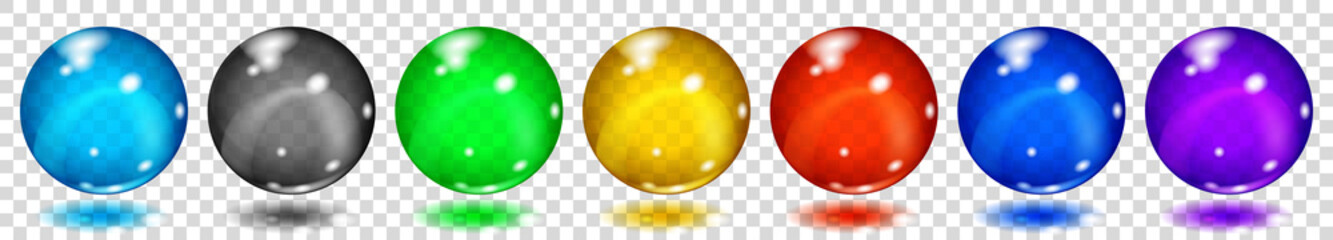 Poster - set of translucent colored spheres with glares and shadows on transparent background. transparency o