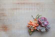 Vintage Wooden Background With Succulent Echeveria Flowers, Top View