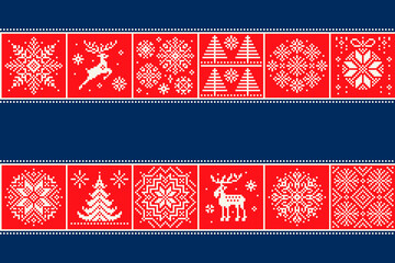 Wall Mural - Christmas Holiday Pixel Pattern.  Reindeer, Elk, Christmas Trees and Snowflakes Ornaments. Knitted Sweater Pattern Design. Seamless Background with a Place for the Greeting Text or Logo.