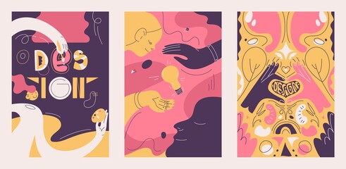 Poster - Cards in pink and yellow colors about love to design, drawn with designers hands and faces, hand lettering and lines
