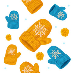 Wall Mural - Realistic Detailed 3d Knitted Woolen Mittens Seamless Pattern Background. Vector