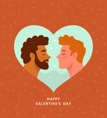 Happy Valentine's Day Greeting Card for gays. Vector illustration of two male portraits in trendy flat style inside a light blue heart. Isolated on red background