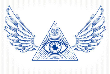 Wall Mural - All seeing eye of god in sacred geometry triangle with bird wings of falcon or angel, masonry and illuminati symbol, vector logo or emblem design element.