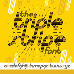 Fototapete - Vector retro lowercase English alphabet letters collection. Cool disco cursive font, script from a to z can be used in poster art. Created using geometric triple stripes.