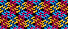 Stripy Mesh Weaving Cubes Seamless Pattern, 3D Abstract Vector Background For Wallpapers, Op Art Dimensional Optical Illusion Design. Colorful Version.