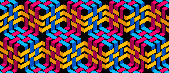 Wall Mural - Stripy mesh weaving cubes seamless pattern, 3D abstract vector background for wallpapers, op art dimensional optical illusion design. Colorful version.