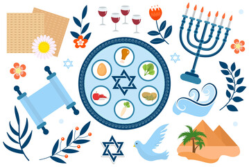 Wall Mural - Passover icons set. flat, cartoon style. Jewish holiday of exodus Egypt. Collection with Seder plate, meal, matzah, wine, torus, pyramid. Isolated on white background Vector illustration