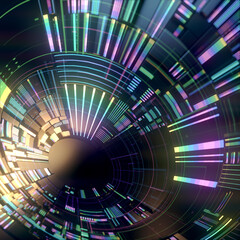 Leinwandbilder - 3d rendering dark circular geometric pattern with colored glowing elements. Depth of field. Digital illustration