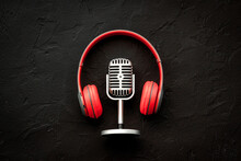 Studio Microphone And Headphones, Top View. Recording Podcast And Streaming Concept
