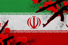 Iran Flag And Various Weapons In Red Blood. Concept For Terror Attack And Military Operations With Lethal Outcome