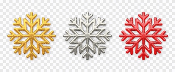 Wall Mural - Snowflakes set. Sparkling golden, silver and red snowflakes with glitter texture isolated on transparent background. Christmas decoration. Vector illustration.