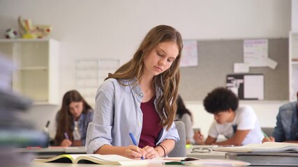 Wall Mural - Portrait of smiling high school student with classmates in background writing notes in the classroom. Happy casual girl sitting at desk in class while looking at camera. 