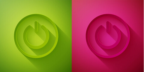 Poster - Paper cut Power button icon isolated on green and pink background. Start sign. Paper art style. Vector.