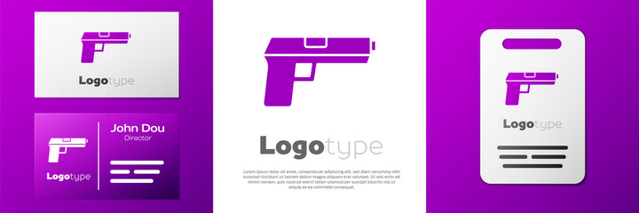 Poster - Logotype Pistol or gun icon isolated on white background. Police or military handgun. Small firearm. Logo design template element. Vector.