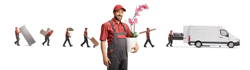 Poster - Courier with an orchid flower pot and movers carying items into a van