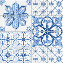 Portuguese Vintage Azulejo Tiles. Minimal Design. Blue Antique Backgrounds For Tile, Print, Wallpaper, Web Backdrop, Towels, Surface Texture.