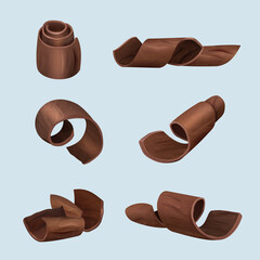 Wall Mural - Shaving chocolate. Gourmet products delicious food dark curl of chocolate vector realistic illustrations. Chocolate piece delicious shaving, product ingredient collection curl