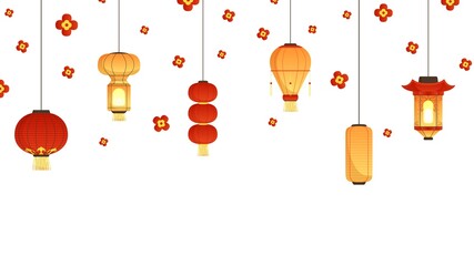 Sticker - Asian lanterns banner. Chinese new year, festival or party background. Flat paper hanging lamps and falling flowers vector illustration. China new year holiday banner celebrate