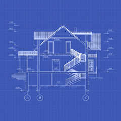 Wall Mural - Best interesting architectural background on graph paper. Cross-section house. Vector blueprint.