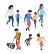 © ONYXprj - Family isometric. People father mother children playing walking happy parents garish vector persons. Mother and father family with kids walking illustration