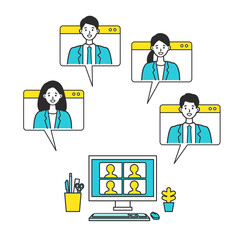 Sticker - Vector illustration of business people having communication via telecommuting system.