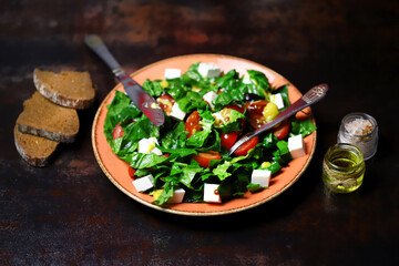 Wall Mural - Healthy salad with spinach and white cheese. The keto diet is friendly. Healthy food concept.