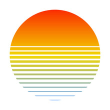 Retro Sunset Over The Sea With Gradient Silhouette Of Sun And Water. Vintage Style Summer Logo Icon Style 80s 90s
