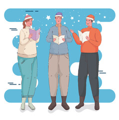 Wall Mural - three persons wearing winter clothes singing christmas carols vector illustration design