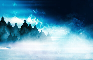 Poster - Dark abstract background. Winter night forest landscape. Silhouettes of fir trees, lit with neon glow, snowdrifts, snowflakes. 3d illustration