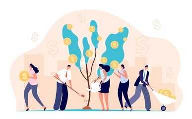 Canvas Print - People growth money. Investment bankers, financial income profit metaphor. Cartoon coins on tree, successful business utter vector concept. Money finance, businessman profit investment illustration